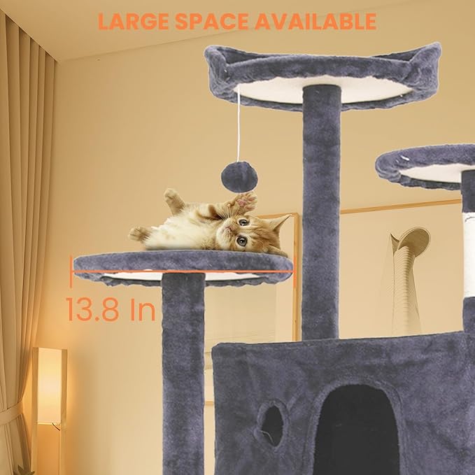 54.7 inches Cat Tower for Indoor Cats Multi-Level Cat Condos for Cat Tree Cat Climbing Tower with Scratching Posts, Hanging Toys,Ashy-PurrikoPets