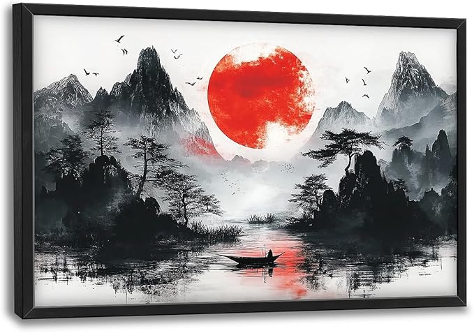 Framed Large Japanese Mountain Wall Art for Living Room, Oversized Asian Red Sun Lake Landscape Wall Decor Nature Canvas Painting Home Decoration for Living Room Bedroom Office 36"x24"-PurrikoPets