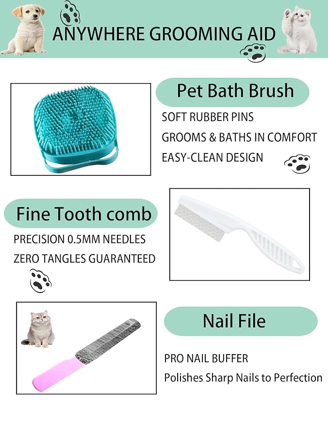 6ps Dog Cat Brush Grooming Kitf, Dog Cat Brushes, Bath Brush, Dematting Rake and Comb, Nail Clipper, Nail File, Flea Comb (Pink 6 Kits)-PurrikoPets
