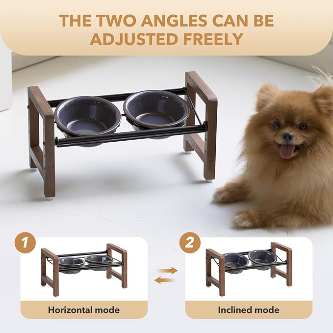 5.5inch Ceramic Adjustable Raised Double Bowls Set with Stand, 3 Heights Elevated, 2 Placement Options, Food and Water Dishes for Puppy, Cats（Double Bowls+Stand, Reactived Glaze -Grey-PurrikoPets