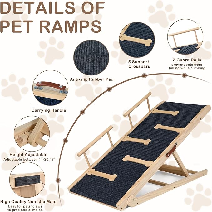 Dog Ramp for Bed Couch Extra Wide Folding Pet Ramps for Large Dogs to Get on Bed, Portable Doggie Steps 6 Adjustable Height 27.3”, 47.3" Long-PurrikoPets