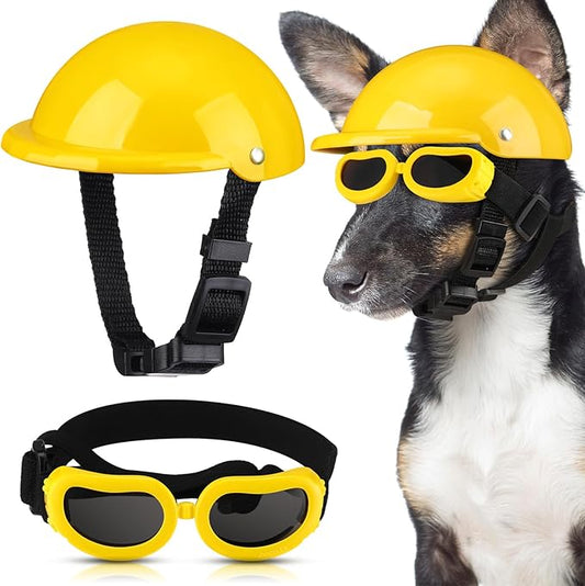 Frienda Dog Helmet and Goggles, UV Protection Doggy Sunglasses and 4 Inch Padded Puppy Motorcycle Helmet Adorable Dog Goggles with Adjustable Belt for Small Dogs Puppy Riding (Yellow,L)-PurrikoPets