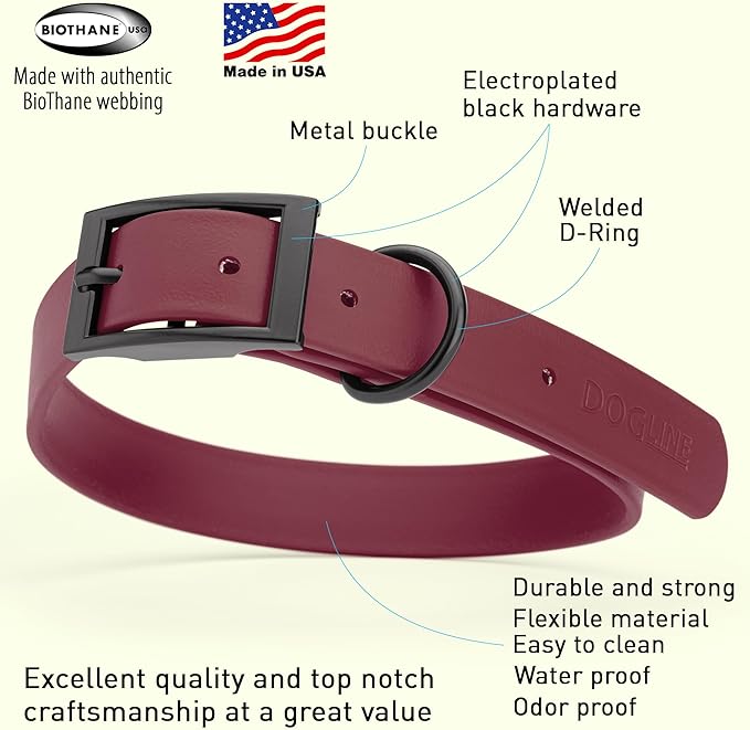 Dogline Biothane Waterproof Dog Collar Strong Coated Nylon Webbing with Black Hardware Odor- Proof for Easy Care Easy to Clean High Performance Fits Small Medium or Large Dogs, Merlot Burgundy-PurrikoPets