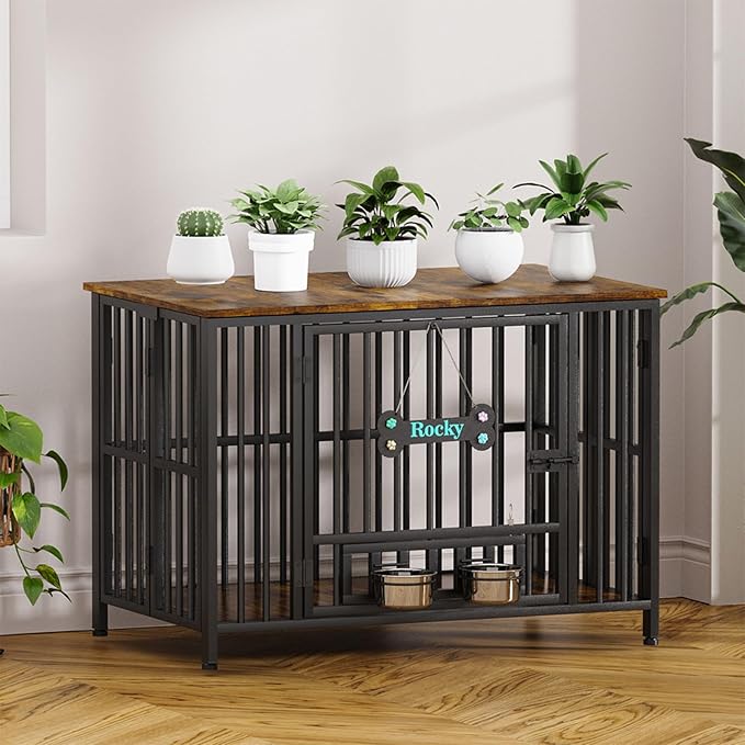 Easycom 41" Dog Crate Furniture Foldable, No Assembly Decorative Dog Kennel Indoor, Dog Crates for Large Dogs (40–65 lbs), Wooden Dog Cage with Adjustable Bowls and Name Tag, End Table, Rustic Brown-PurrikoPets