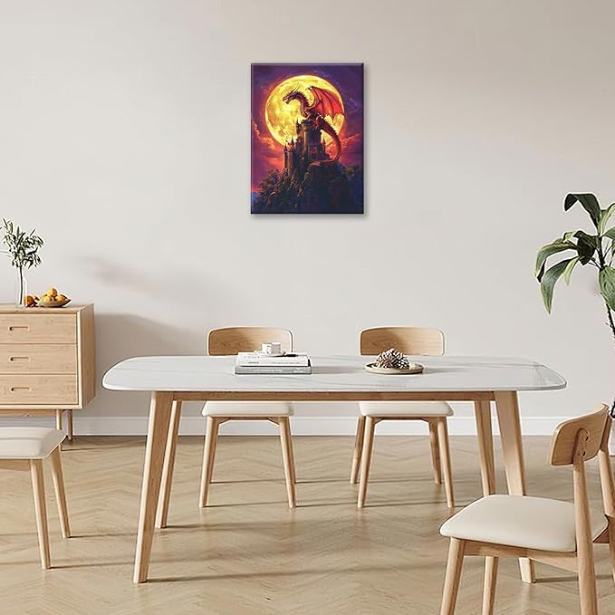 Dragon Bathroom Pictures Wall Art, Red Dragon Castle Bathroom Wall Decor, Framed Painting Canvas Artwork for Bedroom Living Room Decorations 16"L x 12"W-PurrikoPets