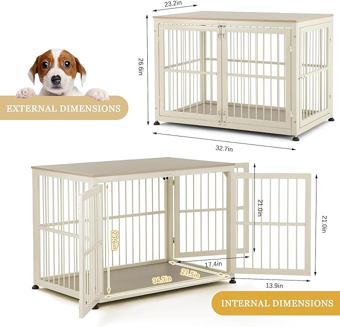 48" Rustic Heavy Duty Dog Crate Furniture for Extra Large Dogs, Decorative Pet House End Table, Wooden Cage Kennel Furniture Indoor, Double-Doors Sturdy Dog Cage-PurrikoPets