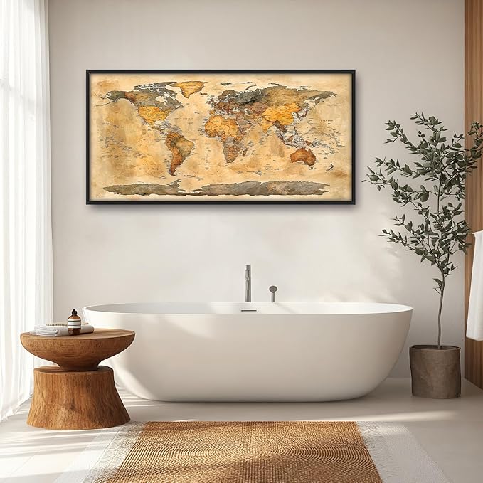 Extra Large World Map Framed Wall Art for Living Room,Oversized Vintage Map of The World Pictures Wall Decor,Canvas Print Painting Modern Artwork Bedroom Office Bathroom 60L" x 30W"-PurrikoPets