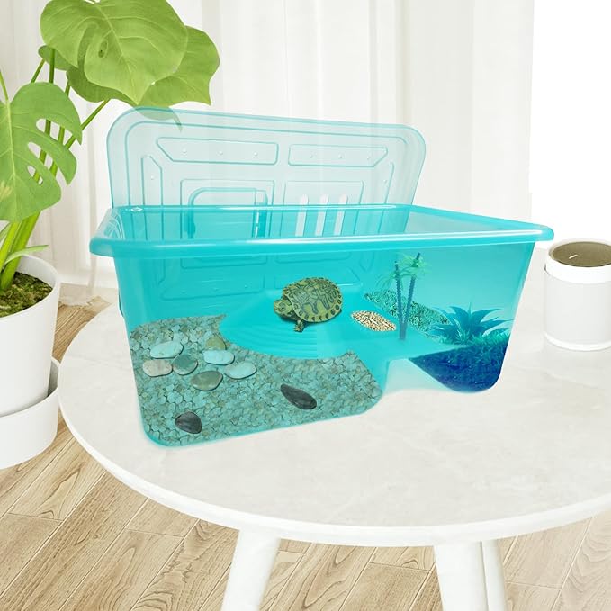 Fhiny Turtle Tank with Lid, Plastic Reptile Terrarium Turtle Breeding Box with Basking Platform Tortoise Aquarium for Crayfish Hermit Crabs Geckos Lizards Habitat Prevent Escaping (Small)-PurrikoPets
