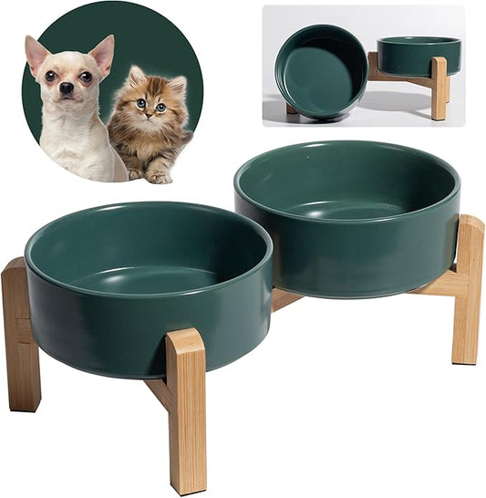 Elevated Ceramic Dog Bowl Set - Raised Feeding Bowls with Non-Slip Bamboo Stand - Small Pet Dishes for Food and Water - Ideal for Cats and Puppies - 16.23 OZ - 2 Cups - 480 ML-PurrikoPets