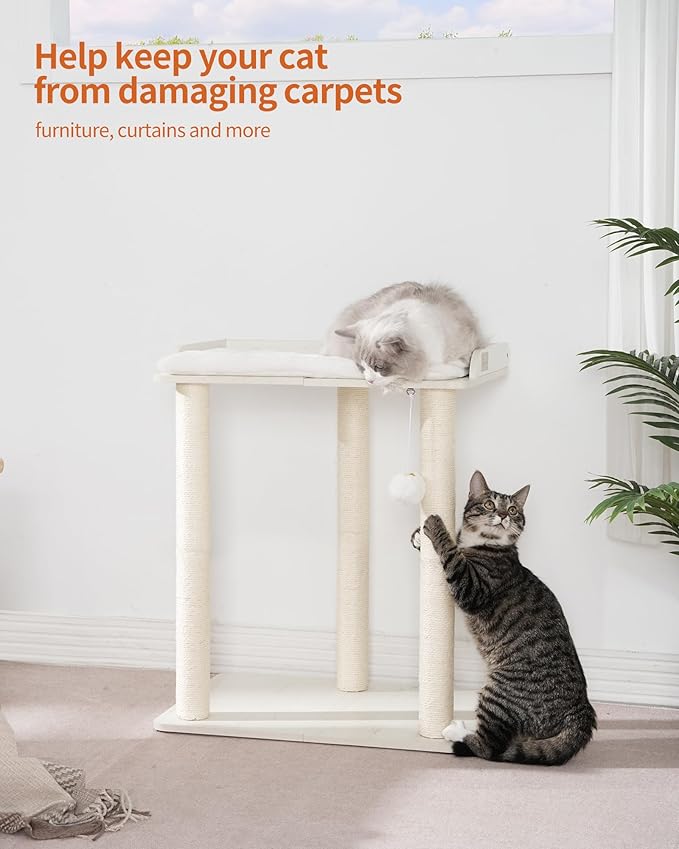 FourFurPets 26.7in Large Cat Tree Tower Condo, Cat Scratch Posts for Indoor Cats, Big Plate, Three 23.6in Full Sisal Scratching Posts, White-PurrikoPets