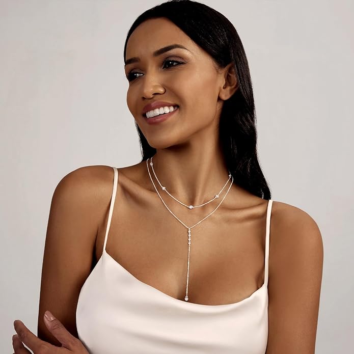 Lariat Silver/Gold Necklace for Women 925 Silver/14K Gold Plated Dainty Long Necklace Y-Shaped Drop Pendant Necklaces Choker Trendy Chain Simple Layered Necklaces CZ Jewelry for Women Set Gift