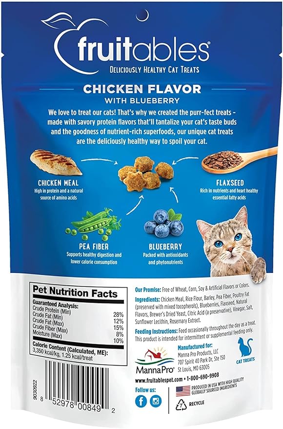 Fruitables Crunchy Low Calorie Treats Packed with Protein For Cats Healthy Free of Wheat, Corn and Soy – Made with Real Chicken with Blueberry – 2.5 Ounces-PurrikoPets
