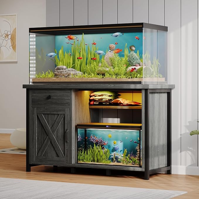 4ever2buy 55 Gallon Fish Tank Stand with LED Light & Power Outlets, 55-75 Gallon Aquarium Stand with Drawer & Barn Door, Cabinet for Fish Tank Accessories Storage for Reptile Tank, Turtle Tank, Gray-PurrikoPets