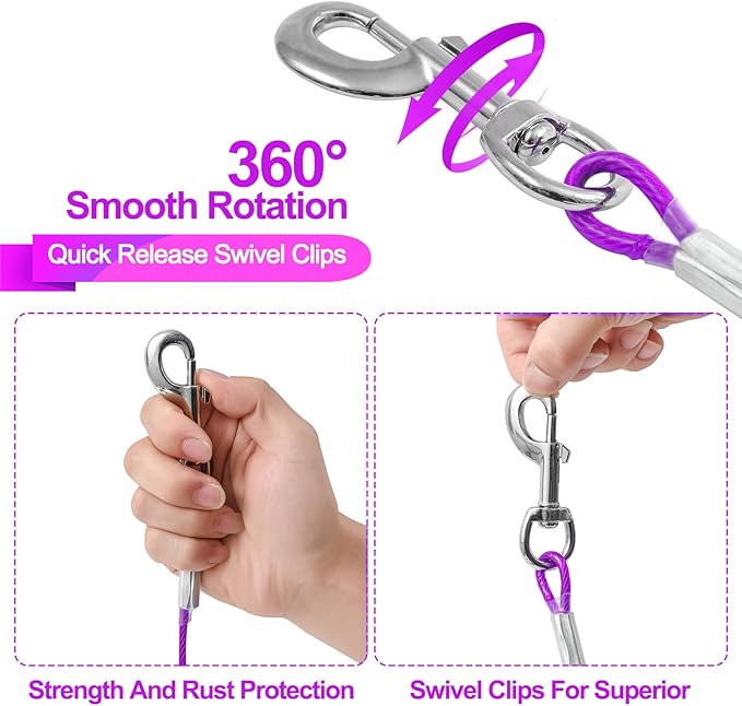 10FT Heavy Duty Dog Tie Out Cable for Large Dogs up to 125lbs, Durable Runner Tether Line (Purple)-PurrikoPets
