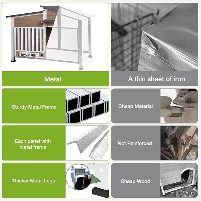 Dog House Outdoor with Bowls Weatherproof Dog Kennel with Anti-Chewing Iron Frame Dog Shelter for Small Medium Dogs(Light Brown)-PurrikoPets