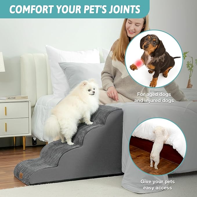 Dog Stairs for Small Dogs 19.7" H, Curved Dog Step for Puppy, Older or Cat, Medium Pet Ramp for Sofa, Couch or Bed, Ladder with High Density Foam, 15.7x28.3x19.7 inch, 4 Step, Dark Grey-PurrikoPets