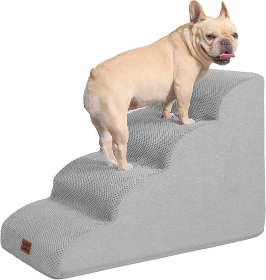 EHEYCIGA Curved Dog Stairs Ramp for High Beds 19.7" H, 4-Step Dog Steps for Small Dogs and Cats, Pet Stairs for High Bed Climbing, Non-Slip Balanced Pet Step Indoor, Light Grey-PurrikoPets