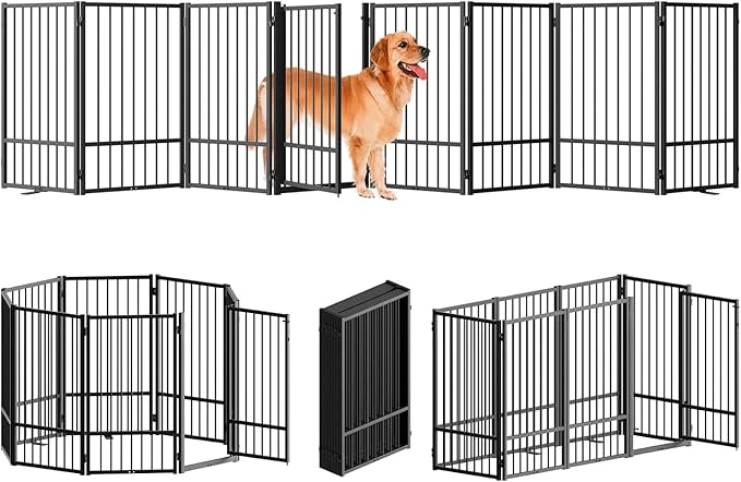 Full Metal Freestanding Dog Gate with Door, 36''Height Foldable Pet Dog Fence for Indoor & Outdoor, 8 Panels Extra Wide Free Standing TallDog Gates for Doorways,House,Stairs,Porch,Deck,Yard-PurrikoPets