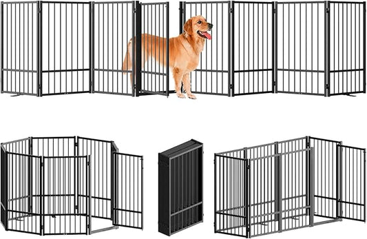 Full Metal Freestanding Dog Gate with Door, 36''Height Foldable Pet Dog Fence for Indoor & Outdoor, 8 Panels Extra Wide Free Standing TallDog Gates for Doorways,House,Stairs,Porch,Deck,Yard-PurrikoPets