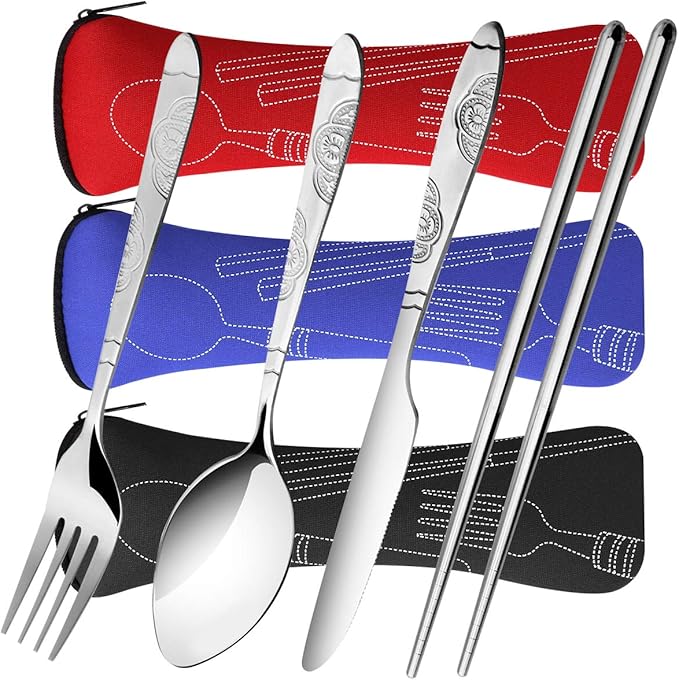 6 Pack Reusable Flatware Sets Knife, Fork, Spoon, Chopsticks, 24Pcs Portable Travel Stainless Steel Tableware Dinnerware with Carrying Case-PurrikoPets