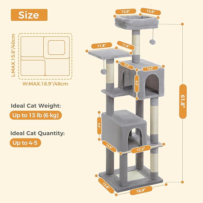62-Inch Cat Tree for Indoor Cats, Large Cat Tower with Scratching Posts for Large Cats, 2 Bigger Plush Condos, Padded Platform, Soft Cat Bed and Scratching Pad, 2 Pompoms, Gray-PurrikoPets