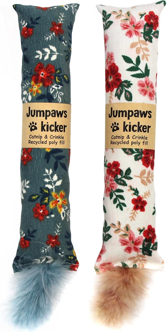 2 Pack Natural Interactive Catnip & Silvervine Cat Kicker with Feathers, Bite Resistant Chew Toy, Crinkle Kicker, Accessories for Indoor Cat, Premium Corduroy Floral-PurrikoPets