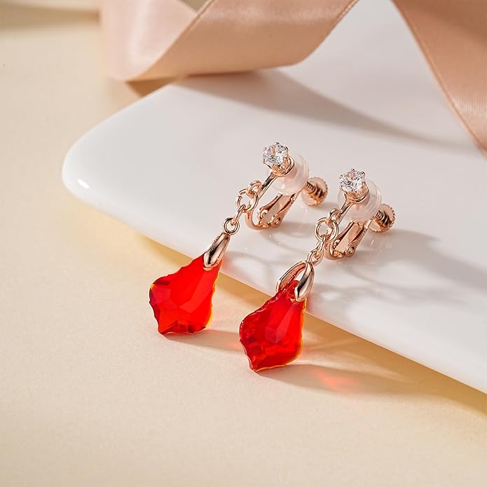 Austrian Crystal Baroque Drop Clip On Dangle Earrings for Women Non Pierced 14K Rose Gold Plated Hypoallergenic Jewelry