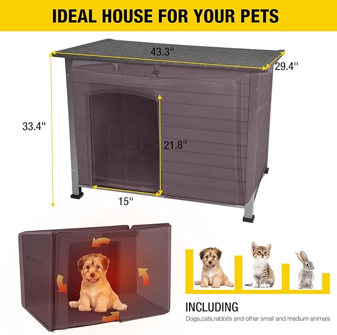 Aivituvin Dog House with Insulated Liner, Outdoor Indoor Weatherproof Dog House for Winter, Suitable for Small & Medium & Large Dogs with Unique All-Around Iron Frame(Grey)-PurrikoPets