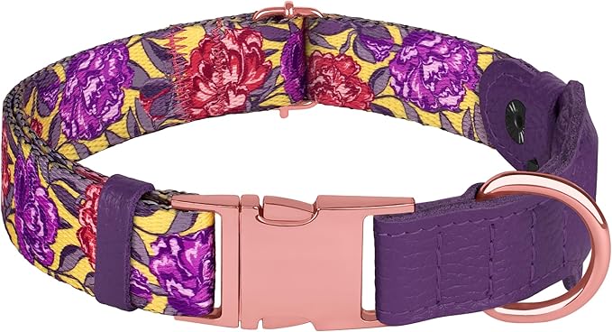 AirTag Dog Collar for Small Medium Large Breed - Adjustable Cute Pattern Dog Collar with Airtag Holder - Soft Leather Tracker GPS Apple Air Tag Pet Collars (X-Large, 20"-25" Neck Fit, Peonies)-PurrikoPets