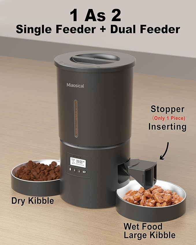 Dual Automatic Cat Feeder 2 Cats,6 Meals/Day,12 Portions/Meal,4.2L Dual Power Double Bowls Feeder,Dry Food Auto Pet Dispenser,10S Voice Record,Flexible Schedule Timer (Black,Stainless Dual Bowls)-PurrikoPets