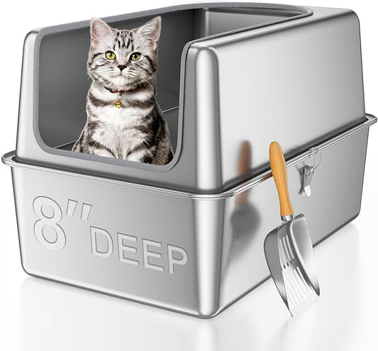 16'' High Sides XXXL All Stainless Steel Cat Litter Box with Lid,8'' Deep Metal Litter Box for Big Cats,Extra Large Litter Boxes with High Wall Enclosure,Anti-Leakage,Never Absorbs Odors,Non-Sticky-PurrikoPets