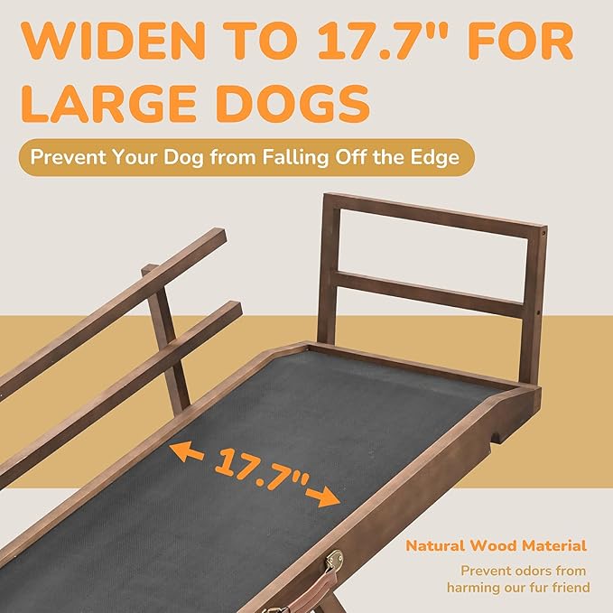 Dog Ramp for Bed, 5 Level Adjustable Dog Ramp for High Beds, Upgrade Rubber Mat High Traction Ramp with Safety Rails, Folding Pet Ramp for Bed, Couch,SUV, Natural Wood Pet Ramp for Small & Old Dogs-PurrikoPets