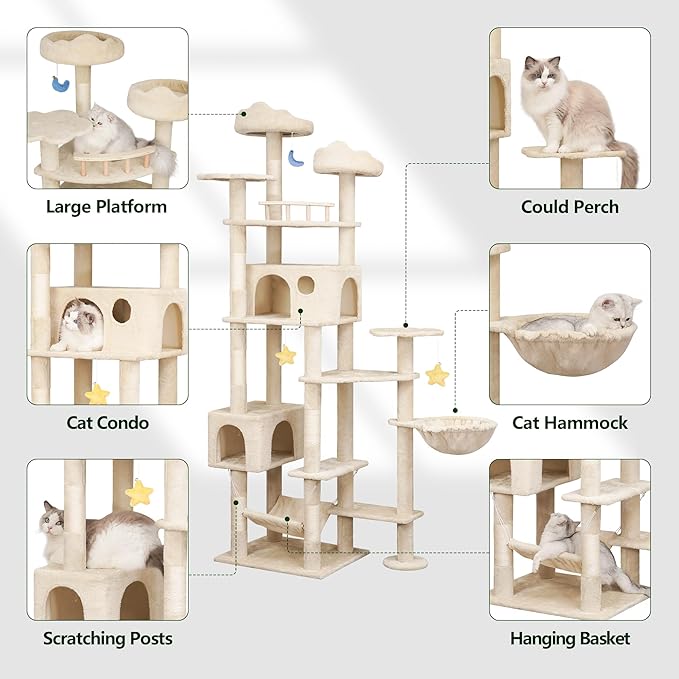 85inch Heavy Duty Cat Tree for Indoor Cats Large Adult, Tall Giant Cat Tower with Scratching Post, Large Perches, Cozy Cat Condos & Hanging Hammocks, Beige-PurrikoPets