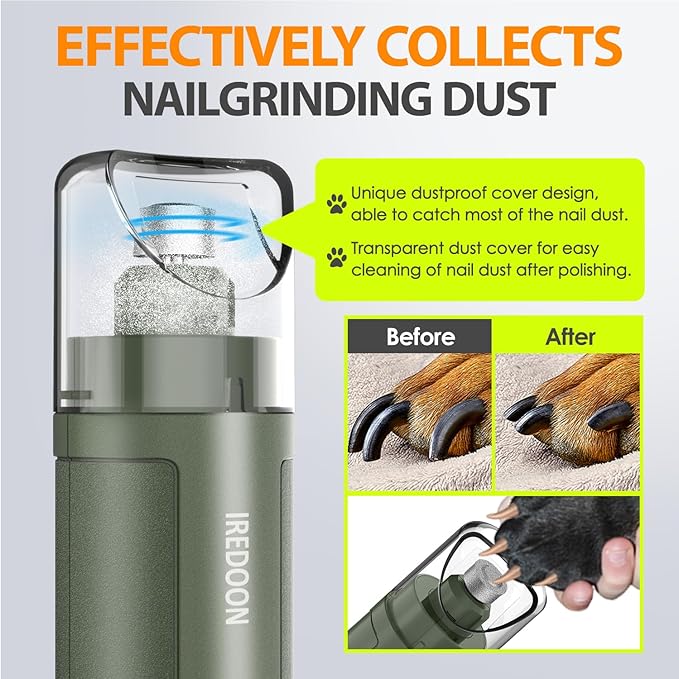 Dog Nail Grinder Upgraded - Professional 3-Speed Super Quiet and Low Vibration Electric Pet Nail Grinder with 4 LED Lights - Painless Paws Grooming & Smoothing for Small to Large Dogs (Green)-PurrikoPets