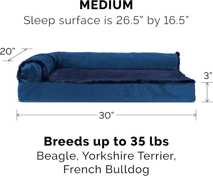 Furhaven Cooling Gel Dog Bed for Medium/Small Dogs w/ Removable Bolsters & Washable Cover, For Dogs Up to 35 lbs - Plush & Velvet L Shaped Chaise - Deep Sapphire, Medium-PurrikoPets