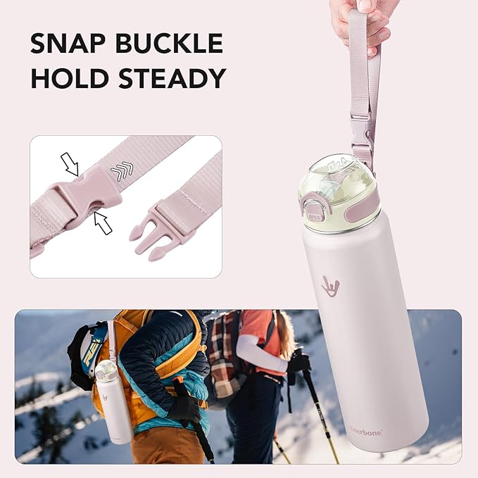 Enerbone 32 oz Insulated Water Bottle, Stainless Steel Bottle with Carrying Strap, Double-Wall Vacuum Insulation Design, Leakproof Sports Bottle with Straw, Keep Drinks Cold or Hot for Hours-PurrikoPets