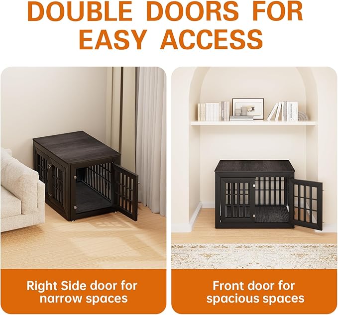 38" Heavy Duty Dog Crate Furniture for Small,Medium and Large Dogs,Rustic Wooden Dog Cage Kennel Indoor Furniture with Waterproof Top,Decorative Pet House Side End Table (Black & Grey)-PurrikoPets