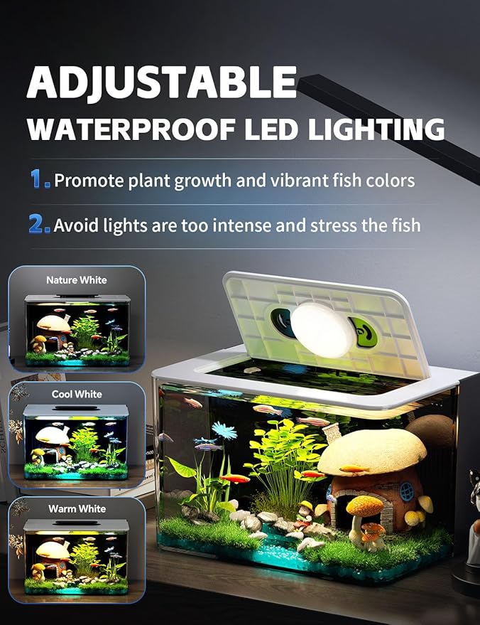 2.5 Gallon Fish Tank Small Aquarium Starter Kit with Hidden Filtration, 3 Color Light, Self Cleaning Nano Tank for Betta, Shrimp, Guppy, Angelfish-PurrikoPets