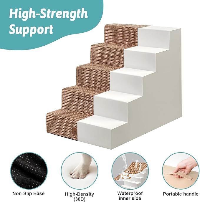 Dog Stairs for Small Dogs, 5 Tier Wider Pet Stairs for High Beds, 23.6" H Non-Slip Dog Steps for Old Cats, Puppies, Small Medium Dogs, 29.5x19.7x23.6 inch, Light Brown-PurrikoPets