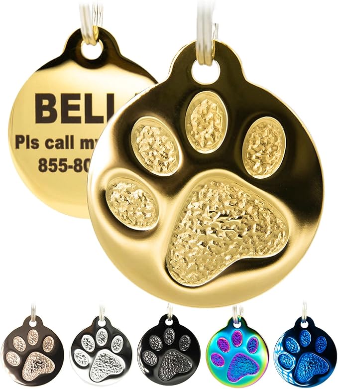 Engraved Pet Tag for Dogs and Cats - Personalized Front & Back up to 4 Lines of Text Custom Engraved ID, Round Paw Print Solid Plating Stainless Steel Gold Small-PurrikoPets