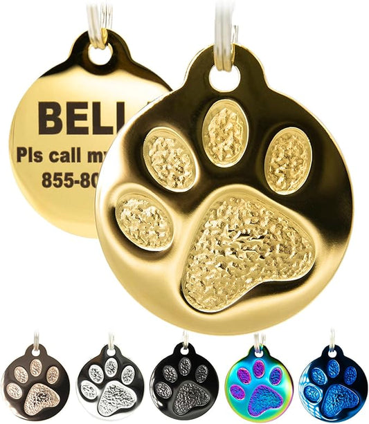 Engraved Pet Tag for Dogs and Cats - Personalized Front & Back up to 4 Lines of Text Custom Engraved ID, Round Paw Print Solid Plating Stainless Steel Gold Regular-PurrikoPets