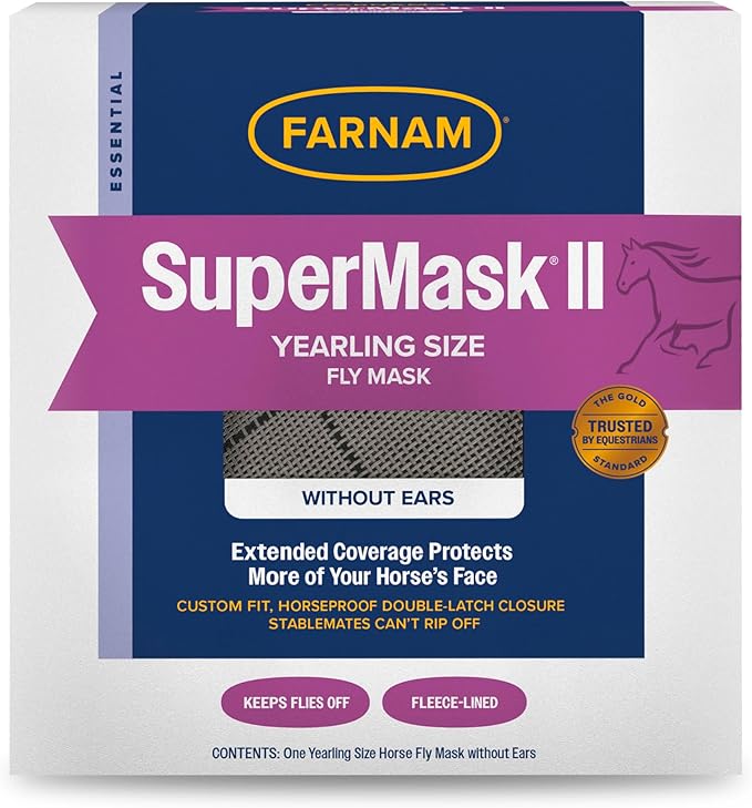 Farnam SuperMask II horse fly mask without ears, extended coverage, protects eyes from insects and debris, adjustable throat latch, Yearling size-PurrikoPets