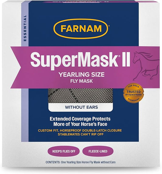 Farnam SuperMask II horse fly mask without ears, extended coverage, protects eyes from insects and debris, adjustable throat latch, Yearling size-PurrikoPets