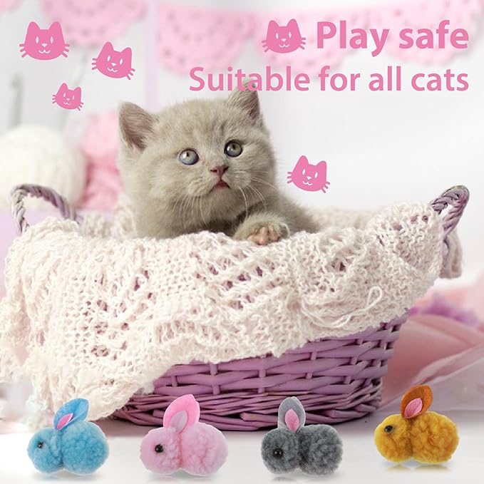 10Pcs Plush Toy Balls, Cute Bunny Shape Kitten Pompom Soft 5.5cm/2.16in Puff Ball Indoor Fun Colorful Cat Ball Toy Pom Pom Balls for Pet-PurrikoPets