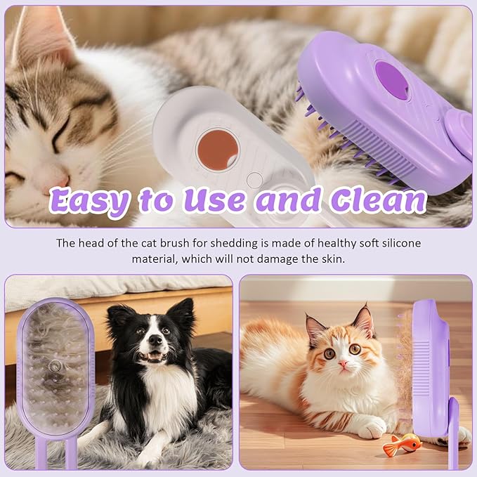 4 in 1 Cat & Dog Steam Brush for Long/Short Hair Shedding - Rechargeable Pet Grooming Brush with Anti-Static Steam Spray, Foldable Handle & Dual Massage Modes for Home Pet Spa Cleaning-PurrikoPets