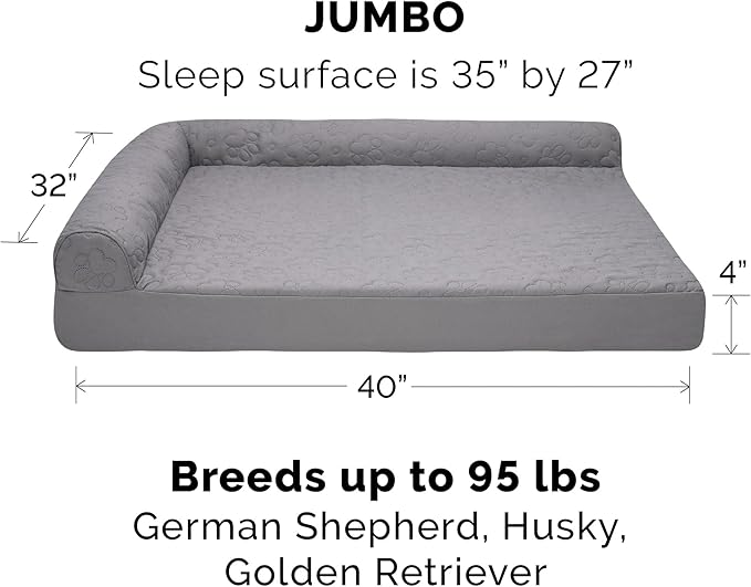 Furhaven Cooling Gel Dog Bed for Large Dogs w/ Removable Bolsters & Washable Cover, For Dogs Up to 95 lbs - Pinsonic Quilted Paw L Shaped Chaise - Titanium, Jumbo/XL-PurrikoPets