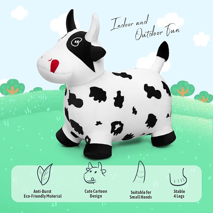 EVERICH TOY Bouncy Horse Cow Toys, Inflatable Bouncing Animal Hopping Toys, Outdoor Indoor Ride on Bouncer, Boys Girls Birthday Gift for 18 Month 2 3 4 5 6 Year Old Kid- Plush Cow Toy-PurrikoPets