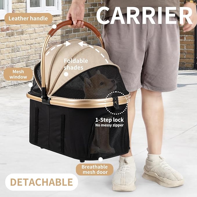 3 in 1 Pet Stroller with 4 Wheels, Foldable Pet Travel Carrier for Small/Medium Dogs Cats up to 50lbs, Detachble Portable Pet Bag, Storage Basket-PurrikoPets