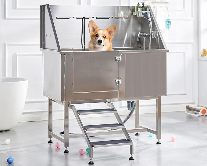 Albott 50-Inch Stainless Steel Dog Washing Station with Anti-Slip Steps, Sprayer, Faucet, and Soap Box – Professional Pet Bathtub for Medium/Small Pets, Ideal for Home, Garage, and Grooming(Left)-PurrikoPets