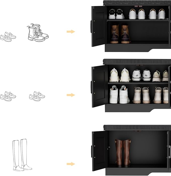 2-Tier Storage Bench, Shoe Bench with Padded Seat Cushion, Entryway Bench with 4 Barn Doors, Adjustable Shelf, 13.8" D x 47.2" W x 17.7" H, for Entryway, Living Room, Bedroom, Black-PurrikoPets